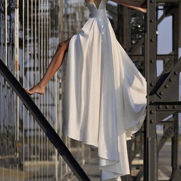 A-Line Wedding Dress Satin Side Slit Floor Length Custom Made To Measure For women Robe De Mariee With Pocket White Elegant