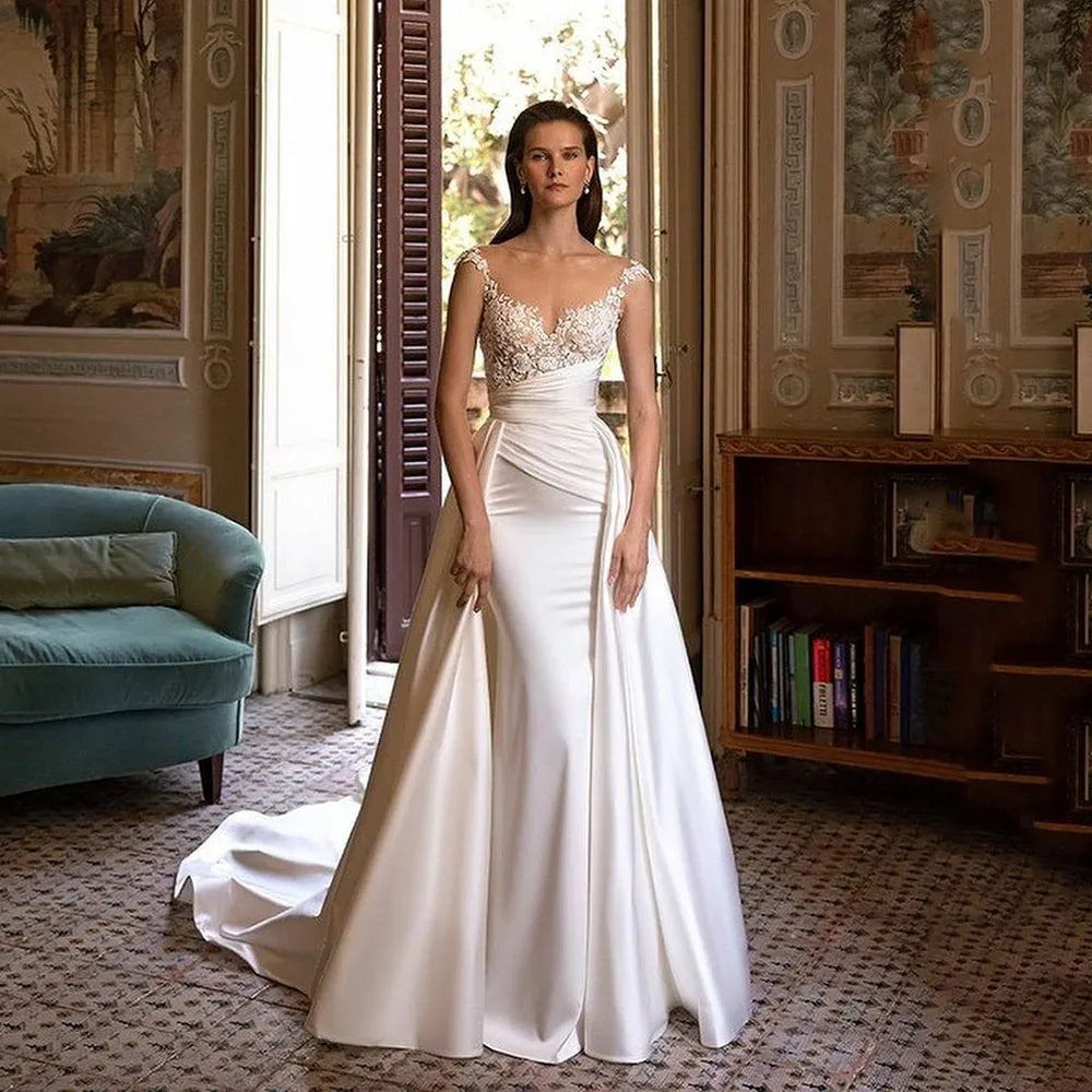 Magnifique robe De mariée sirène De campagne, manches cape, avec des Appliques en dentelle élégantes, en Satin, robes De mariée 