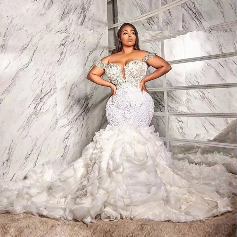 Luxury Mermaid Wedding Dress with Ruffle Train South Africa Lace Appliques Crystals Beaded Plus Size Bridal Gowns Custom Made 26W