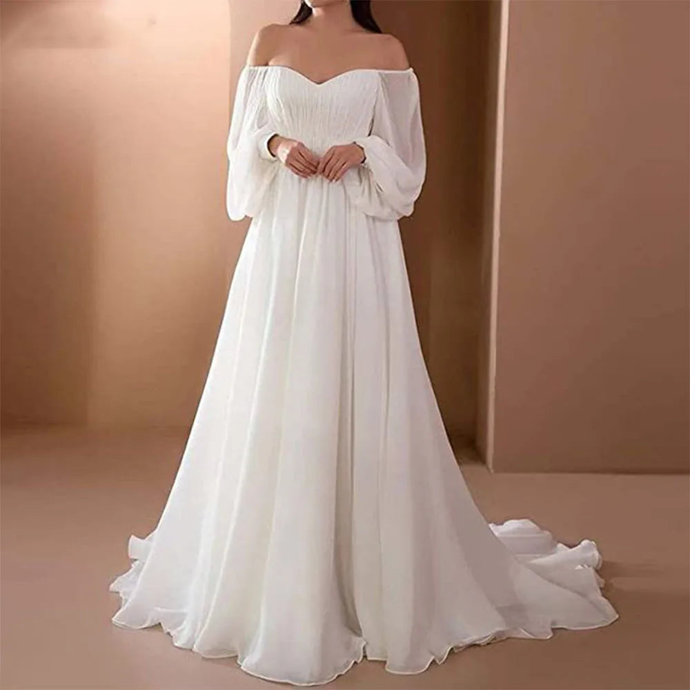 Simple Strapless Wedding Dresses Puff Sleeves Backless Chiffon Bridal Gowns Robe De Mariee Court Train For Elegant Women 20W