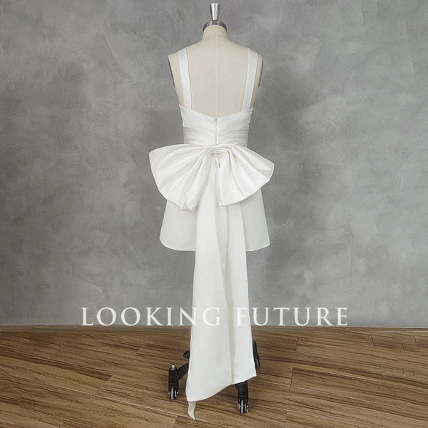 Civil Mini Short Wedding Dress with Bow For Women Sleeveless Square Collar A-Line Bridal Simple Open Back Gown Vestido de novia