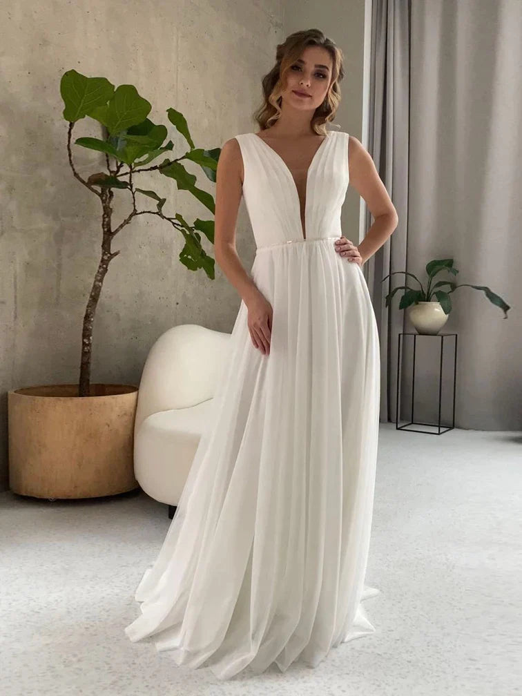 I OD Elegant A-Line Wedding Dress Sexy V-neck Sash With Sequins Backless Regular Straps Chiffon Bridal Gowns Robe De Mariee White