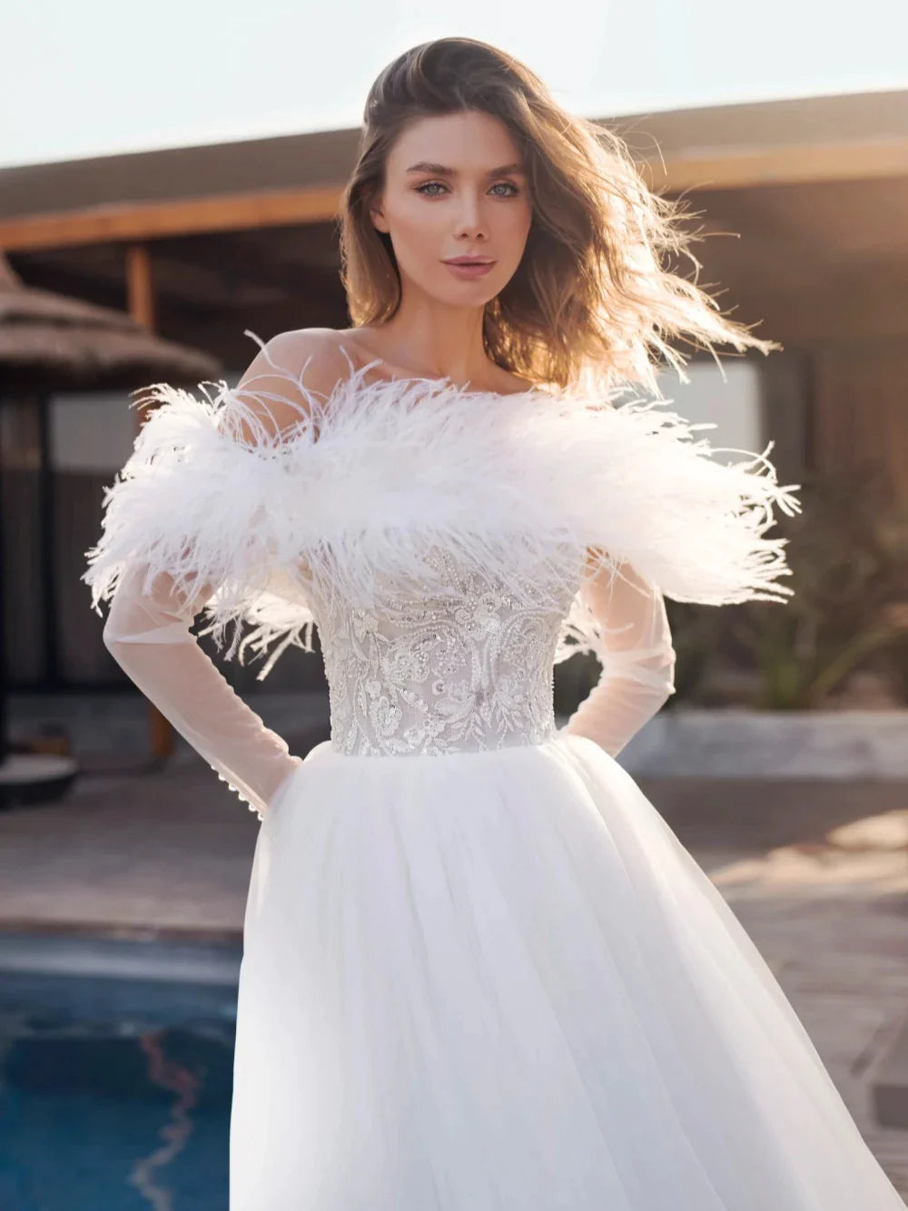 Vestido De novia elegante con hombros descubiertos, cuentas brillantes, bata De novia con lentejuelas, apliques De plumas clásicas, bata De novia 