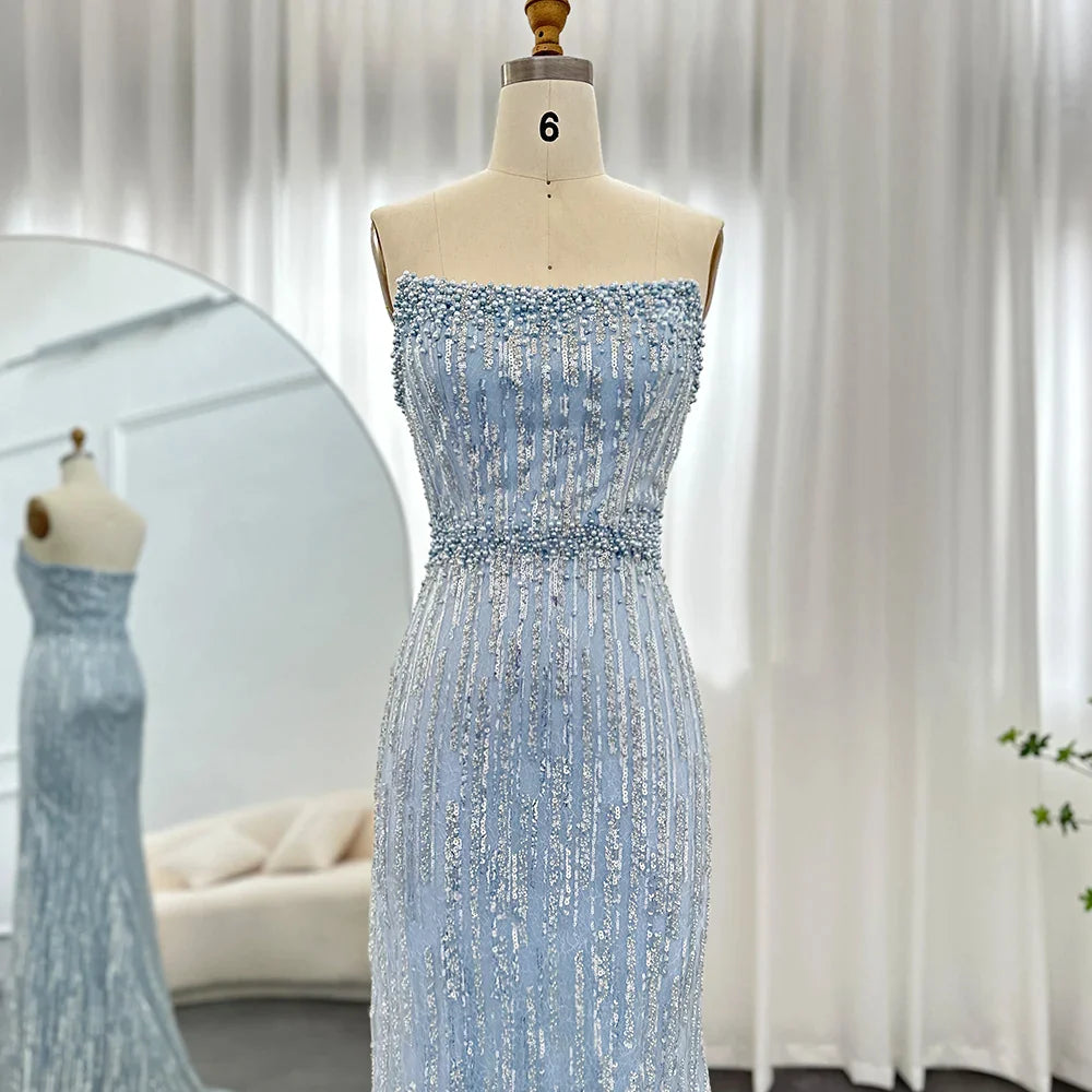 Light Blue Pearls Luxury Dubai Evening Dresses Elegant Strapless Arabic Women Wedding Party Formal Gowns SS395