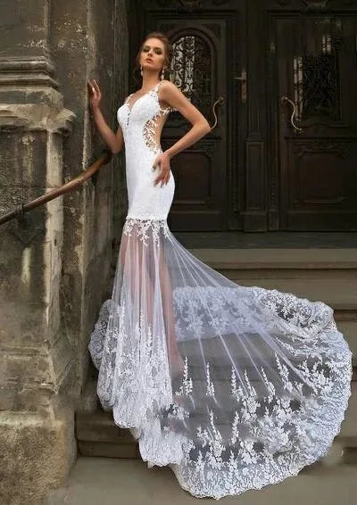 Abiti da sposa a sirena bianca graziosa treno staccabile 3 in 1 applique in pizzo APPLICA SHEER NACKAL ABITO BACCHIO NEGLI SENZA SENZA DEI MARIÉE