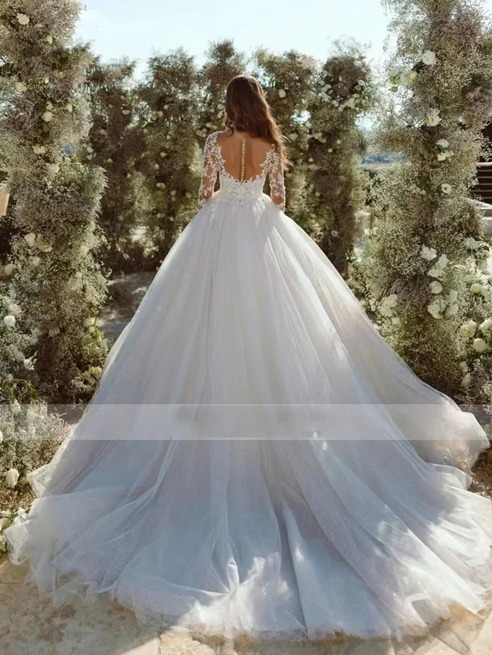 Modern Glitter Tulle Wedding Dresses Long Sleeves V Neck Bridal Gowns For Bride Robe De Mariée Wedding Gown For Women