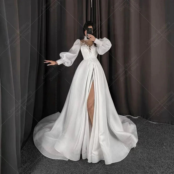 Luxury Woman's A Line Wedding Dresses Sweetheart Lace Applique Sexy Side Slit Satin Bride Gowns Formal Elegant Vestidos De Novia
