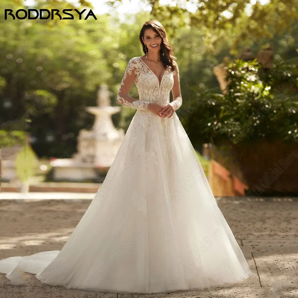 Exquisite V-Neck Wedding Dresses For Woman Illusion Back Bridal Gown Applique A-Line Hochzeitskleider Damen Große größe