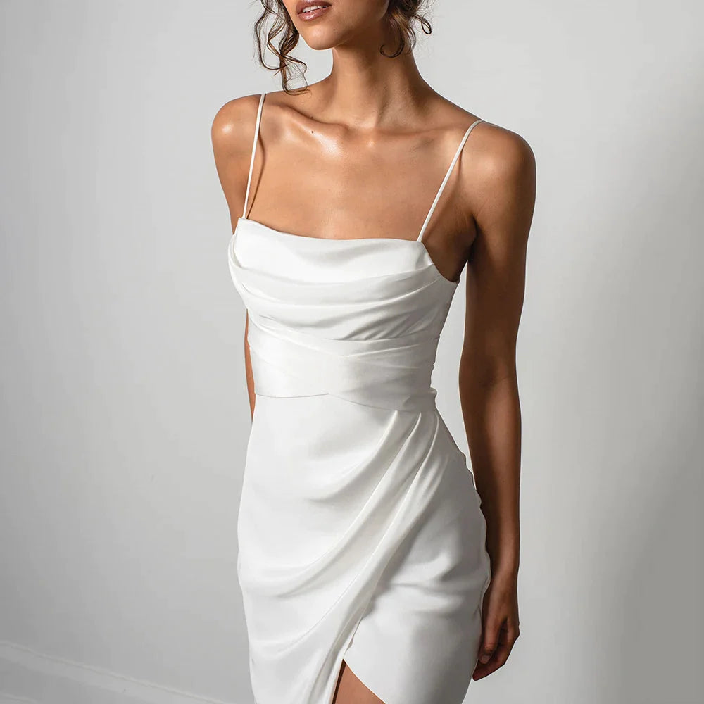 Simple Mermaid White Wedding Dress Spaghetti Straps High Slit Satin Backless Plain Bridal Gown Sweep Train Vestido de Novia