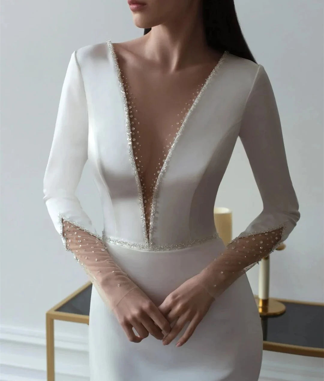 New Deep V-Neck Satin Wedding Dress Simple 3/4 Sleeve Backless Mermaid Bridal Gowns Sweep Train For Women Brides Gowns White