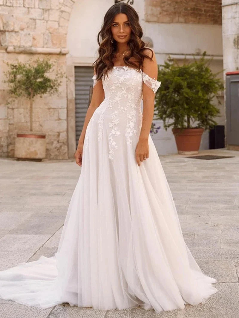 Abiti da sposa graziosi per donne abiti da sposa a-line appliques in pizzo dalla spalla elegante abiti Vestidos de nolia