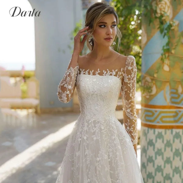 Exquisite Lace Tulle A Line Wedding Dresses O Neck Long Sleeve Bridal Gowns Morden Embroidery Button Pleat Vestido de Novia