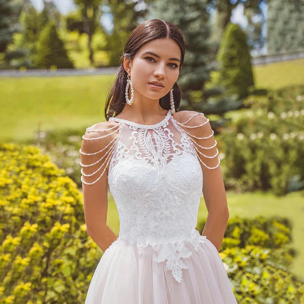 A-Line Halter Wedding Dress Bead For Bride Fashion Lace Appliques Bridal Gown Tulle Pleats Sweet Train Robe De Mariee