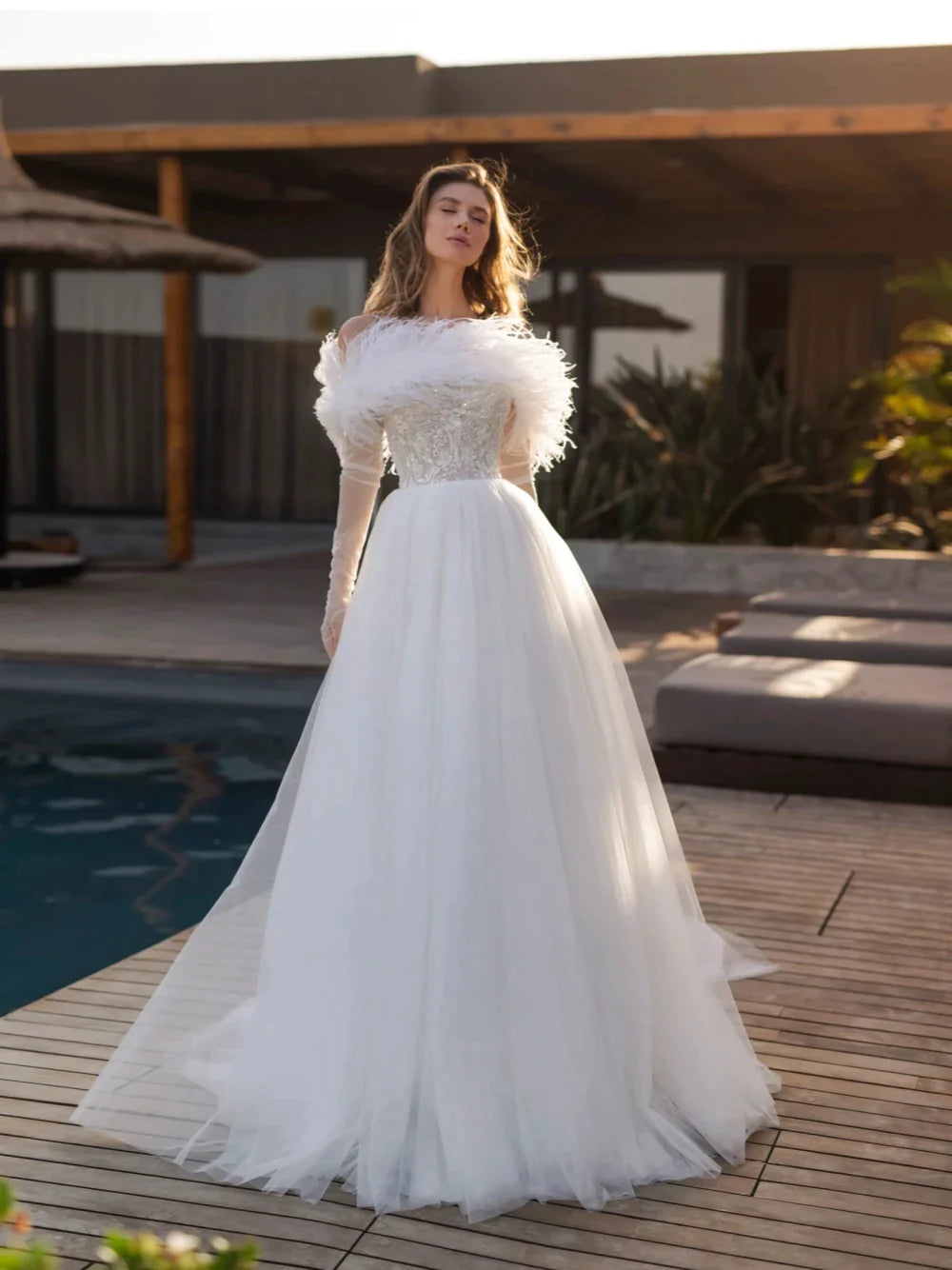 Vestido De novia elegante con hombros descubiertos, cuentas brillantes, bata De novia con lentejuelas, apliques De plumas clásicas, bata De novia 