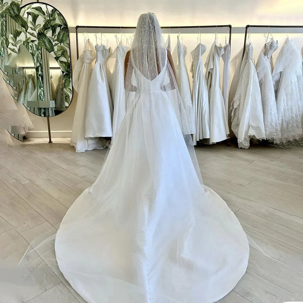 Simple A Line Wedding Dress Spaghetti Straps Square Collar Satin Backless Side Slit Bridal Gowns Vestidos De Novia Custom Made