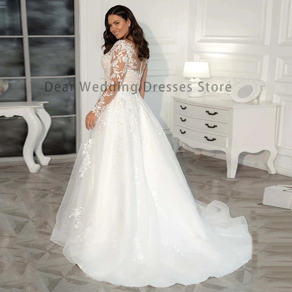 Vintage Lace Wedding Dresses Plus Size Elegant Big Women's Long Sleeves Scoop A Line Tulle Bridal Gowns свадебное платье Robe De