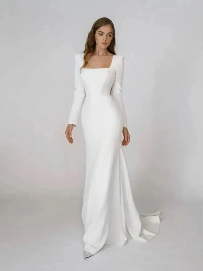 Simple Wedding Dresses Satin Mermaid Square Neck Long Sleeves Backless Bridal Gowns Elegant Robes Vestido De Noiva As Pics