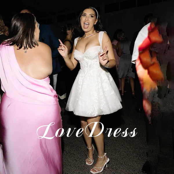 LoveDress Glitter Lace 3D Flowers Mini Short Wedding Dress V-Neck Appliques Bridal Gowns Backless Shiny Sleeveless Bride Dress