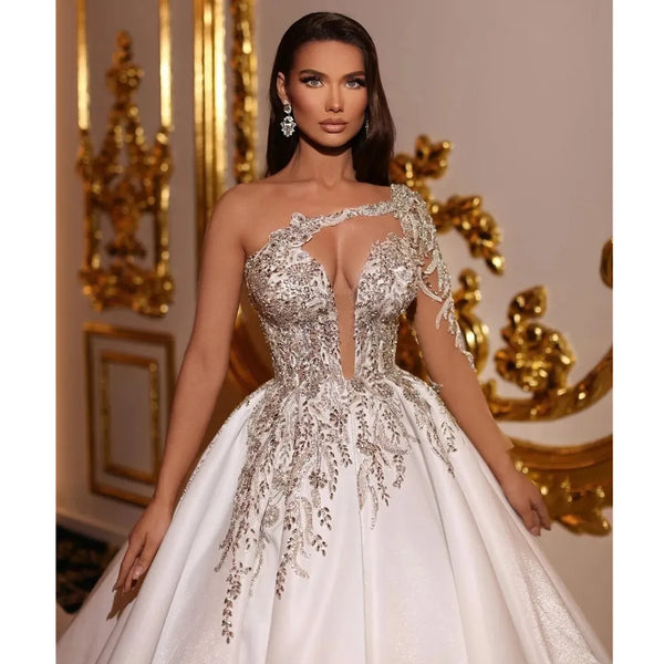 Exquisite Applique Wedding Dresses A Line Deep V Neck Ball Gowns Ruched Tulle Illusion Long Sleeve Formal Beach Party Vestidos