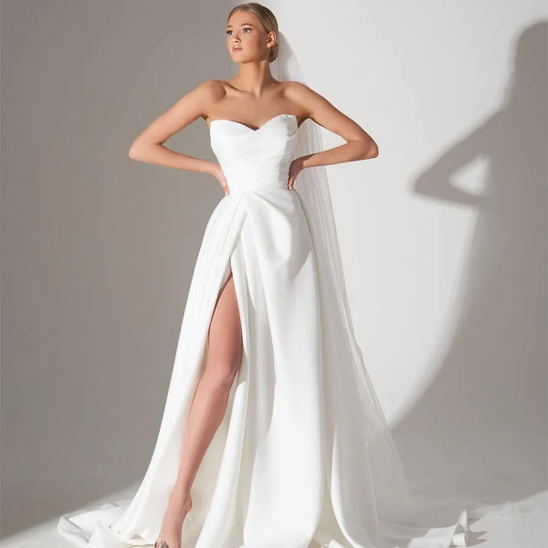 Sweetheart Satin Wedding Dress Side Slit A-Line Floor Length Robe De Mariee White Simple Elegant Sweep Train Sleeveless Robe