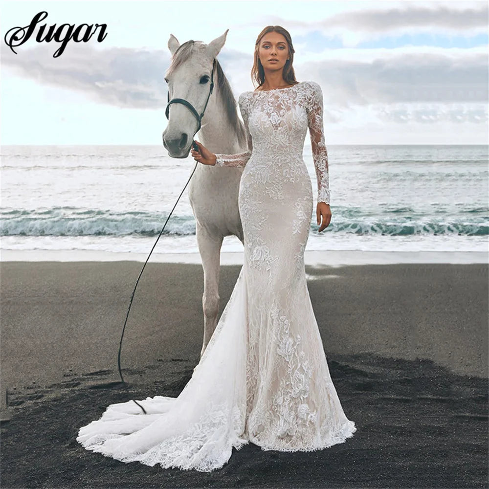 Sexy Lace Bodycon Mermaid Wedding Dresses Backless Long Sleeves Elegant Boho Bridal Gowns Custom Color robe de mariée