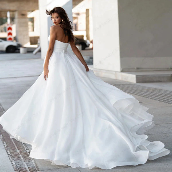 Charming Strapless White Chiffon Wedding Dresses with Beading Simple Sleeveless Bridal Gowns for Marriage Vestidos De Novia