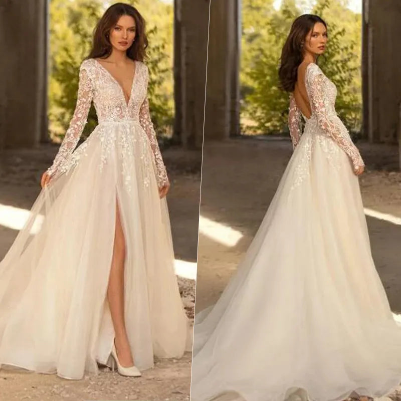 Sexy A-Line Deep V-Neck Wedding Dress Elegant Long Sleeve Lace Appliques Side Split Bridal Gown Backless Train Vestido De Novia Floor Length