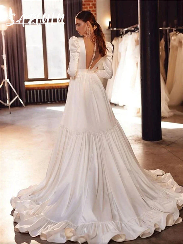 Chic Wedding Dress With Long Sleeves Elegant V Neck Satin Bridal Gown Vestidos De Novia Court Train Bride Dresses