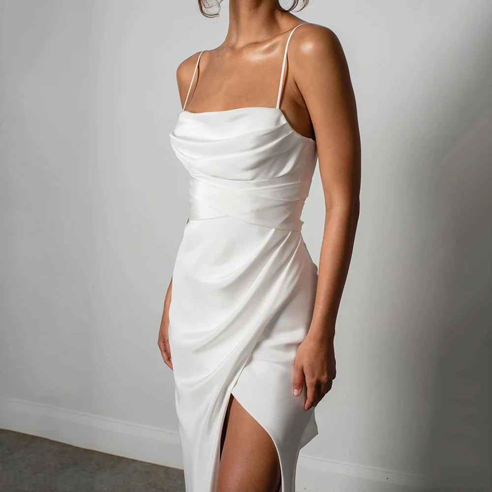 Simple Mermaid White Wedding Dress Spaghetti Straps High Slit Satin Backless Plain Bridal Gown Sweep Train Vestido de Novia