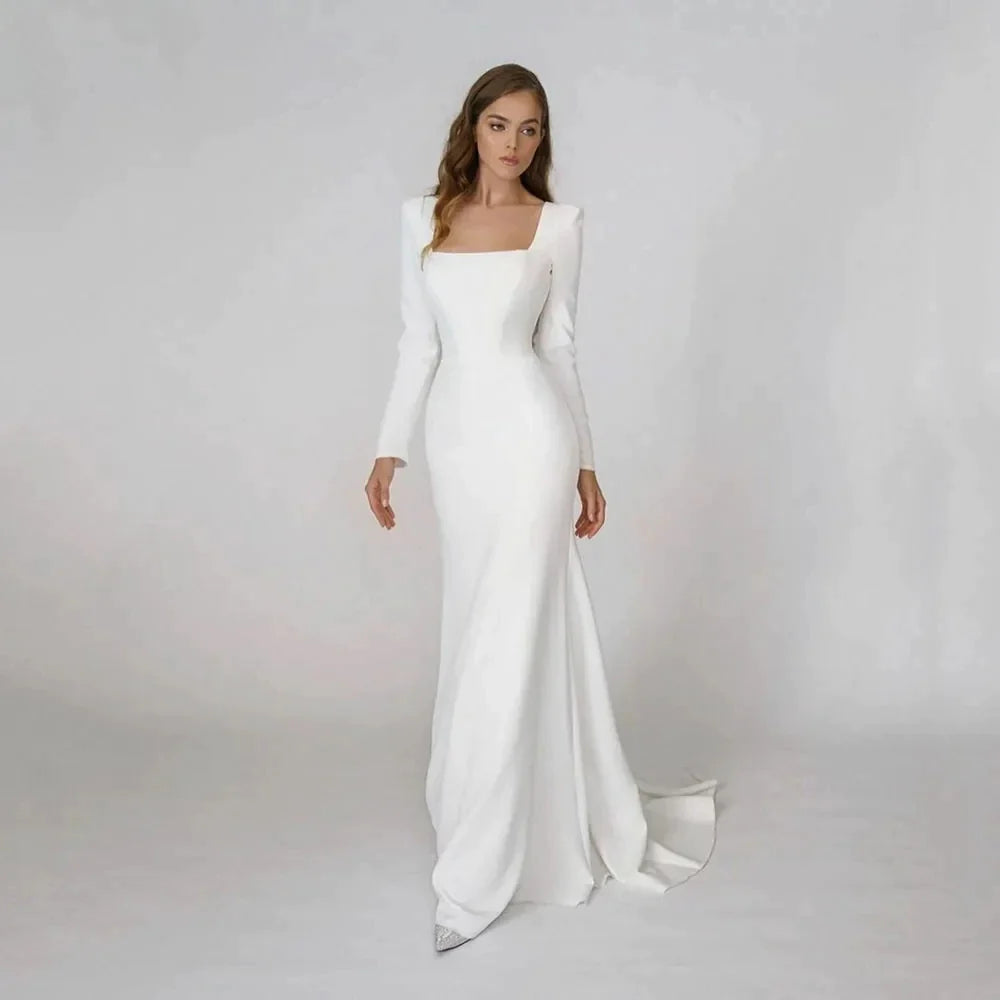 Simple Wedding Dresses Satin Mermaid Square Neck Long Sleeves Backless Bridal Gowns Elegant Robes Vestido De Noiva