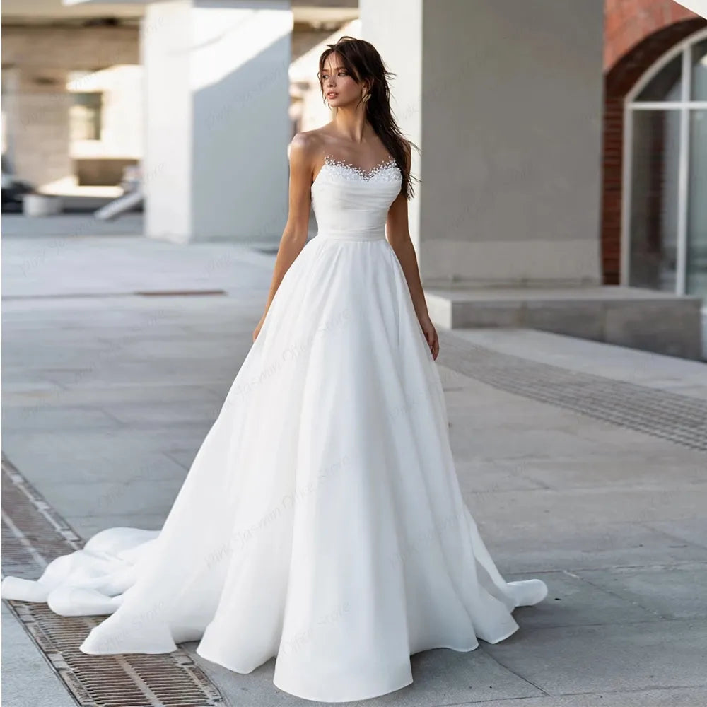 Charming Strapless White Chiffon Wedding Dresses with Beading Simple Sleeveless Bridal Gowns for Marriage Vestidos De Novia 26W