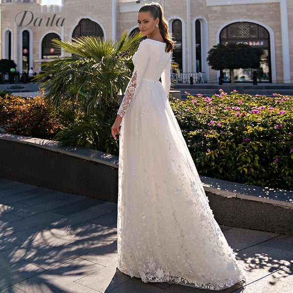 Exquisite O-Neck Lace Long Sleeve Wedding Dress Button Back Satin And Tulle Bridal Gown With Appliques Civil Vestidos De Noiva