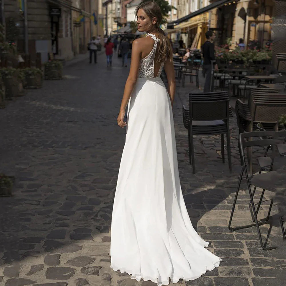 Vestidos de novia de gasa bohemios perfectos para mujer, vestidos de novia sencillos con cuello redondo y espalda descubierta, vestidos de novia de línea a, vestidos de playa hechos a medida 