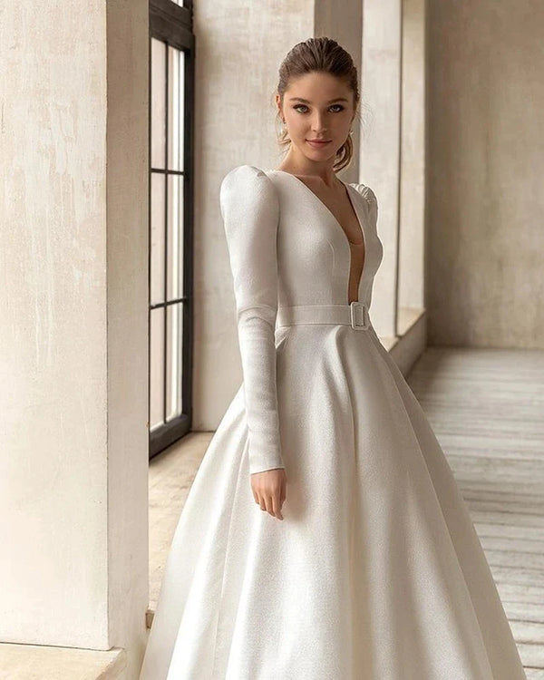 Classic Elegant Wedding Dresses A-Line Satin Bridal Gowns V-Neck Long Sleeves Robes For Formal Party Vestidos De Novia