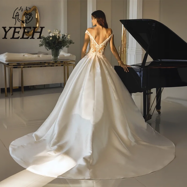 YEEH Lace Appliques Wedding Dress Cap Sleeves Bridal Ball Gown Elegant Illusion Open Back Court Train Vestido De Noiva for Bride