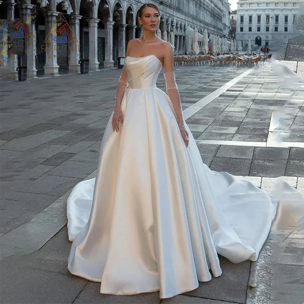 Gorgeous Satin Modern Wedding Dresses Elegant Off Shoulder Sleeveless Train Floor-Length Fluffy Princess Style Bride Gowns