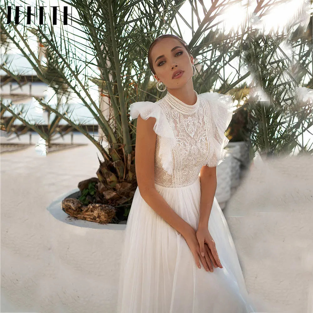 JEHETH Boho High Neck Sleeveless Wedding Dresses Elegant Lace Appliques Bridal Gowns A Line Vestidos De Novia Custom Made