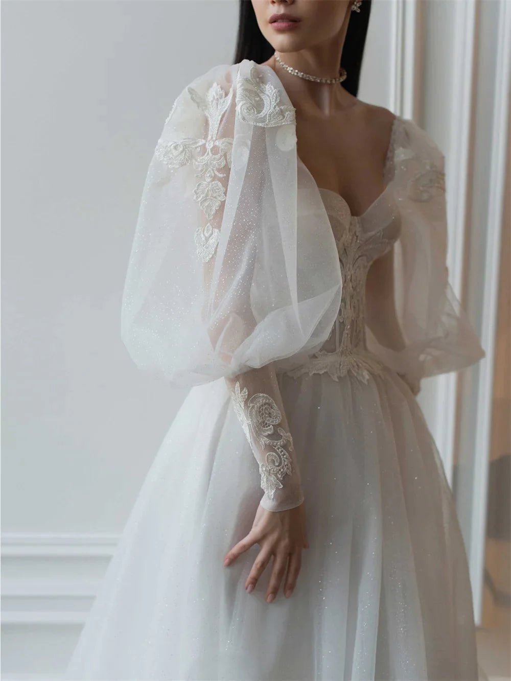 Sexy Sweetheart Neck A-Line Wedding Dresses Long Puff Sleeves Bride Robe Sexy Backless Bridal Gown Appliques Vestidos De Noiva