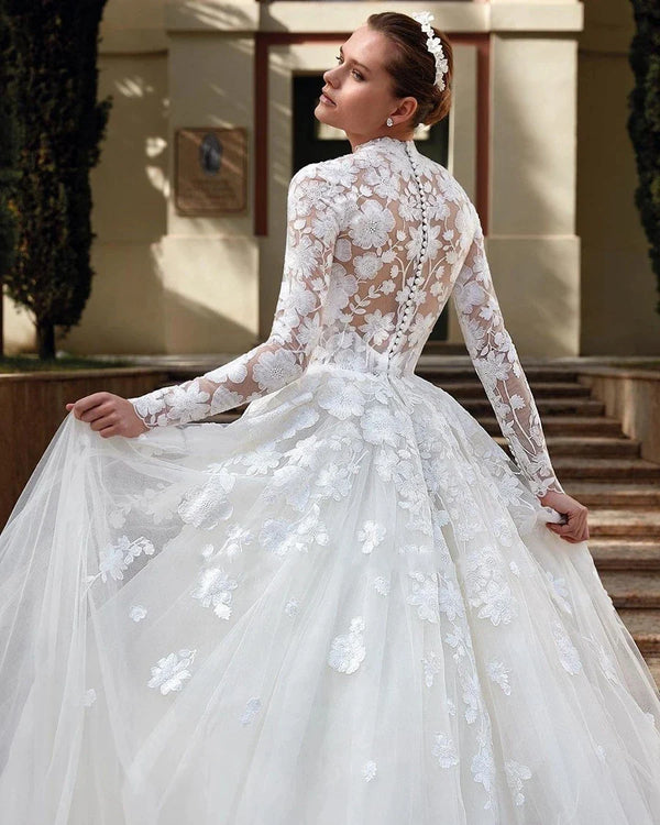 Gorgeous A-Line Wedding Dresses High-Neck Long Sleeves Lace Appliques Bridal Gowns Tulle Tiered Robes Vestidos De Novia