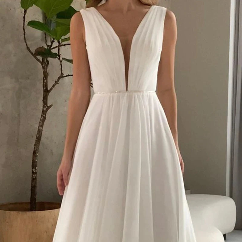 I OD Elegant A-Line Wedding Dress Sexy V-neck Sash With Sequins Backless Regular Straps Chiffon Bridal Gowns Robe De Mariee