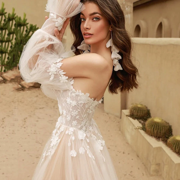 Classic Wedding Dresses A-Line Tulle Bridal Gowns Lace Appliques Off The Shoulder Vintage Robes Puff Sleeves Vestidos De Novia