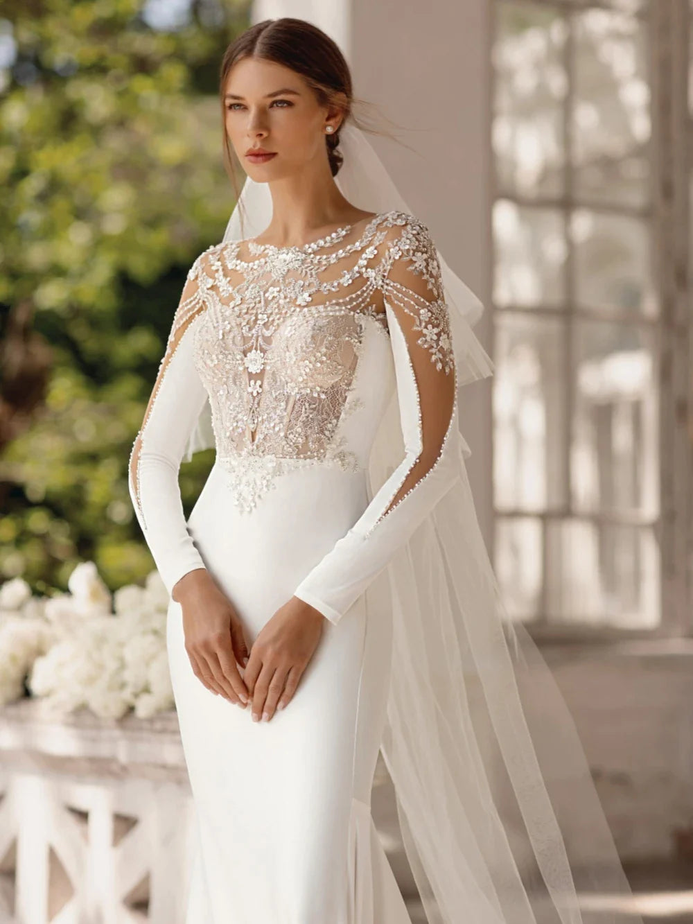 Abito da sposa a maniche lunghe modeste per le pai paillettes scintillanti perle sposa della sposa abito da sposa sirena elegante abito da sposa