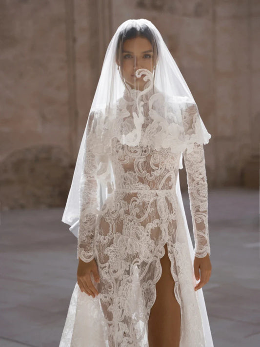 Modest High Collar Long Sleeve Wedding Dress Classic Lace Bridal Gown Elegant A-line Long Bride Robe Vestidos De Novia