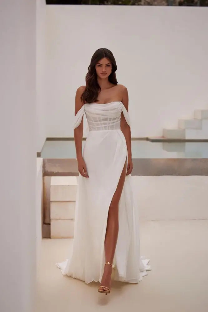 Graceful Chiffon Semi-transparent Boned Off-the-shoulder Boho Beach A Line Wedding Dresses straight Side Slit Rode De Morri