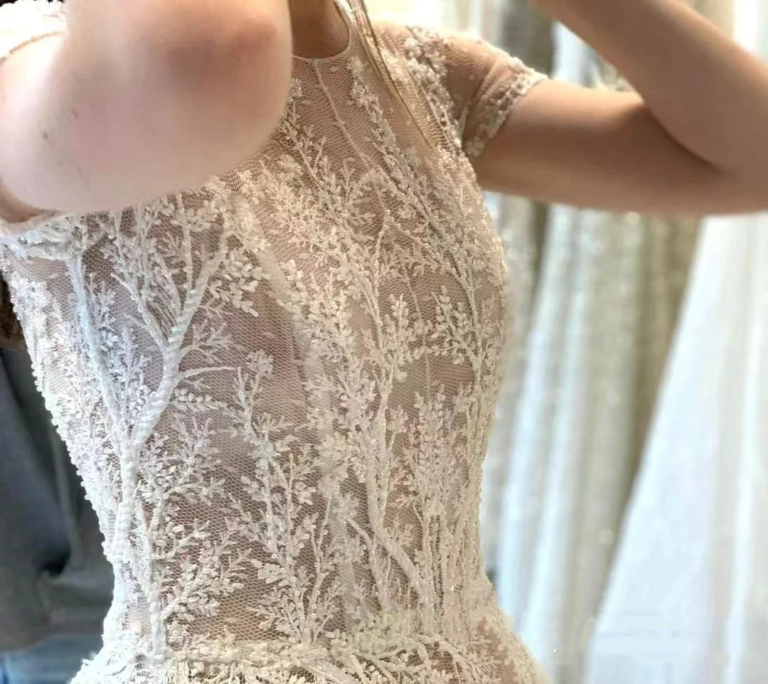 Vestidos De Novia Vintage bohemios, Vestidos De Novia De manga corta con cuello redondo, Apliques De encaje, vestidos hasta el suelo, Vestidos De Novia 