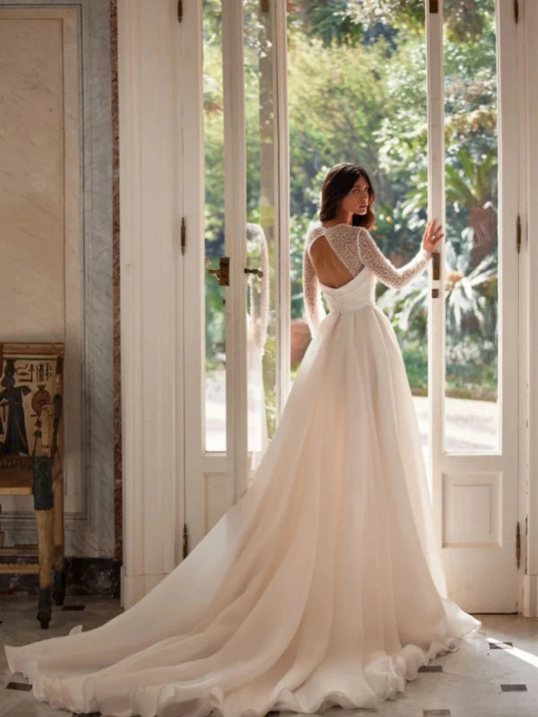 Classic Square Neck Long Sleeve Wedding Dress Sparkly Sequins Pearls Bride Robe Elegant A-line Long Bridal Gown Robe De Mariée