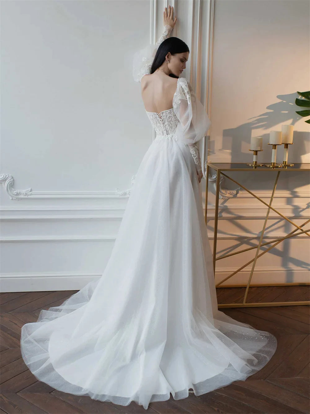 Robe De mariée trapèze Sexy, col en cœur, manches longues bouffantes, Robe De mariée Sexy, dos nu, avec des Appliques 