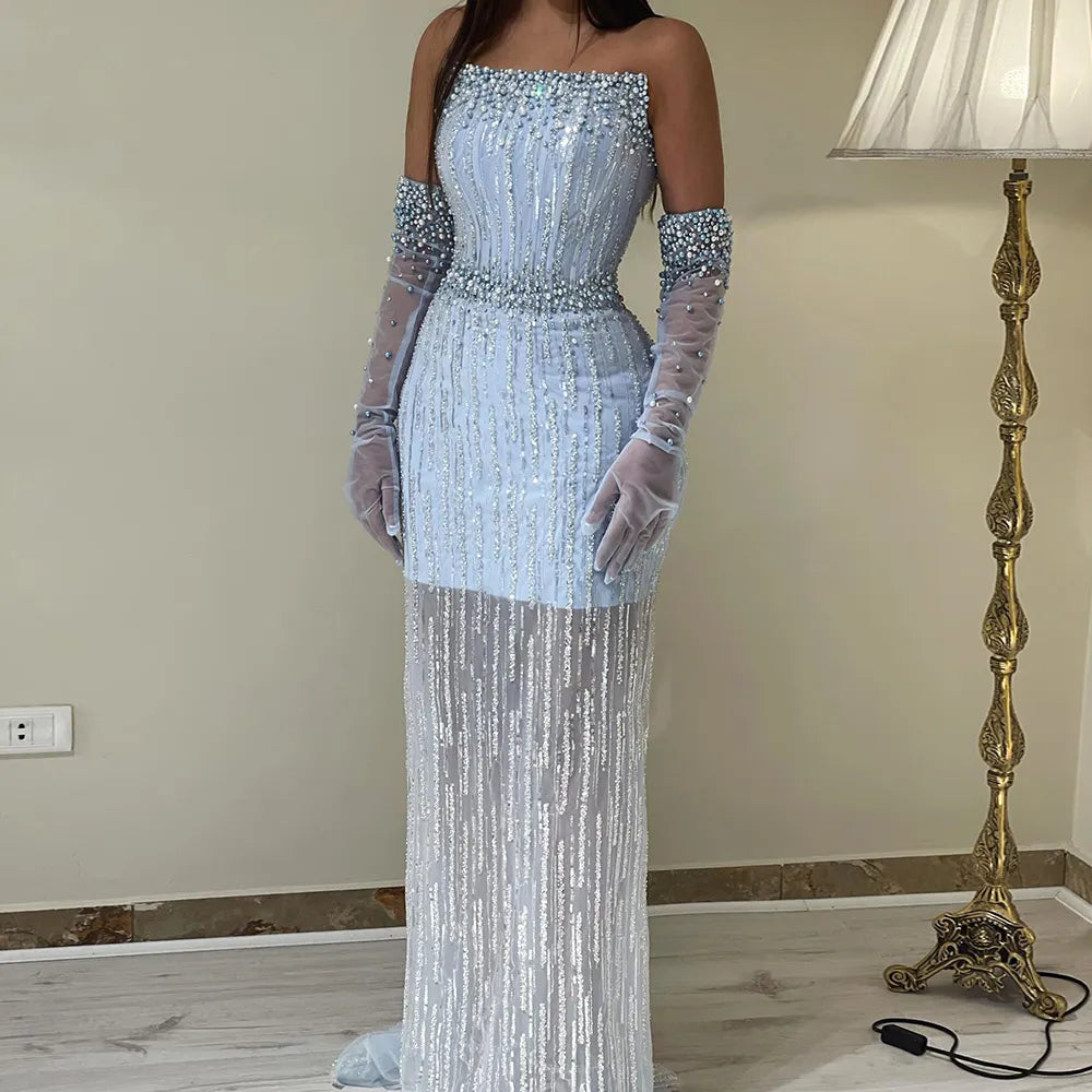 Light Blue Pearls Luxury Dubai Evening Dresses Elegant Strapless Arabic Women Wedding Party Formal Gowns SS395 Short Lining