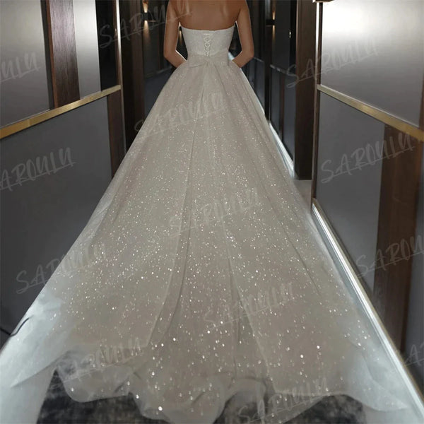 Strapless Glitter Wedding Dress A-line Sequined Shinny Bride Dresses Robe De Mariee Sleeveless Pleated Wedding Gown