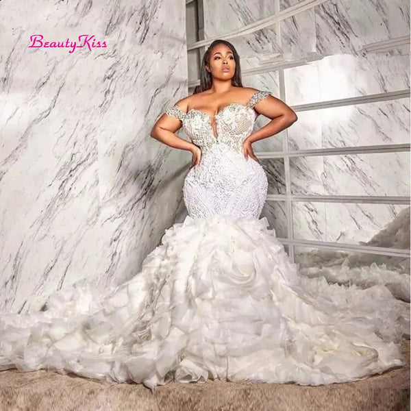 Luxury Mermaid Wedding Dress with Ruffle Train South Africa Lace Appliques Crystals Beaded Plus Size Bridal Gowns Custom Made